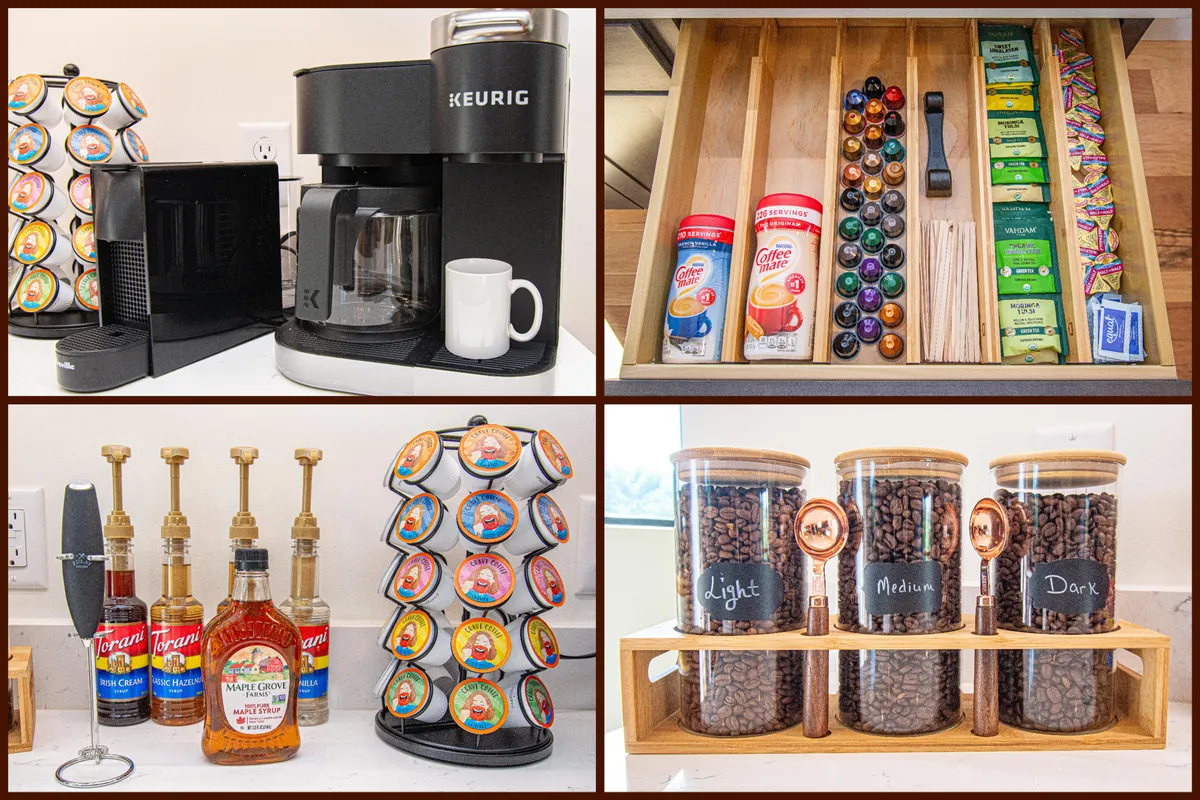 A dedicated coffee station featuring a Keurig coffee maker, a well-organized coffee pod display, syrup dispensers, and coffee bean jars. The setup is inviting and encourages guests to enjoy a customized morning beverage, contributing to a leisurely start to the day.