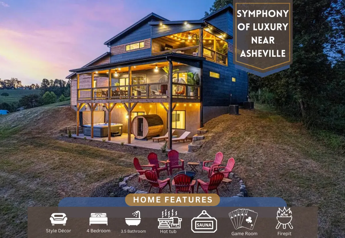A stunning multi-level wooden house nestles against the backdrop of the Blue Ridge Mountains, featuring an inviting outdoor seating area with vibrant red chairs, a bubbling hot tub, and a private sauna. The scene conveys both relaxation and social gathering opportunities amid breathtaking natural beauty.