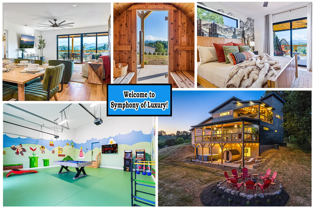 A collage of inviting spaces: a stylishly set dining area, a modern living room with large windows, a cozy bedroom with decorative pillows, a colorful playroom, and the home's exterior with outdoor seating. It encapsulates different zones for family interactions and relaxation.