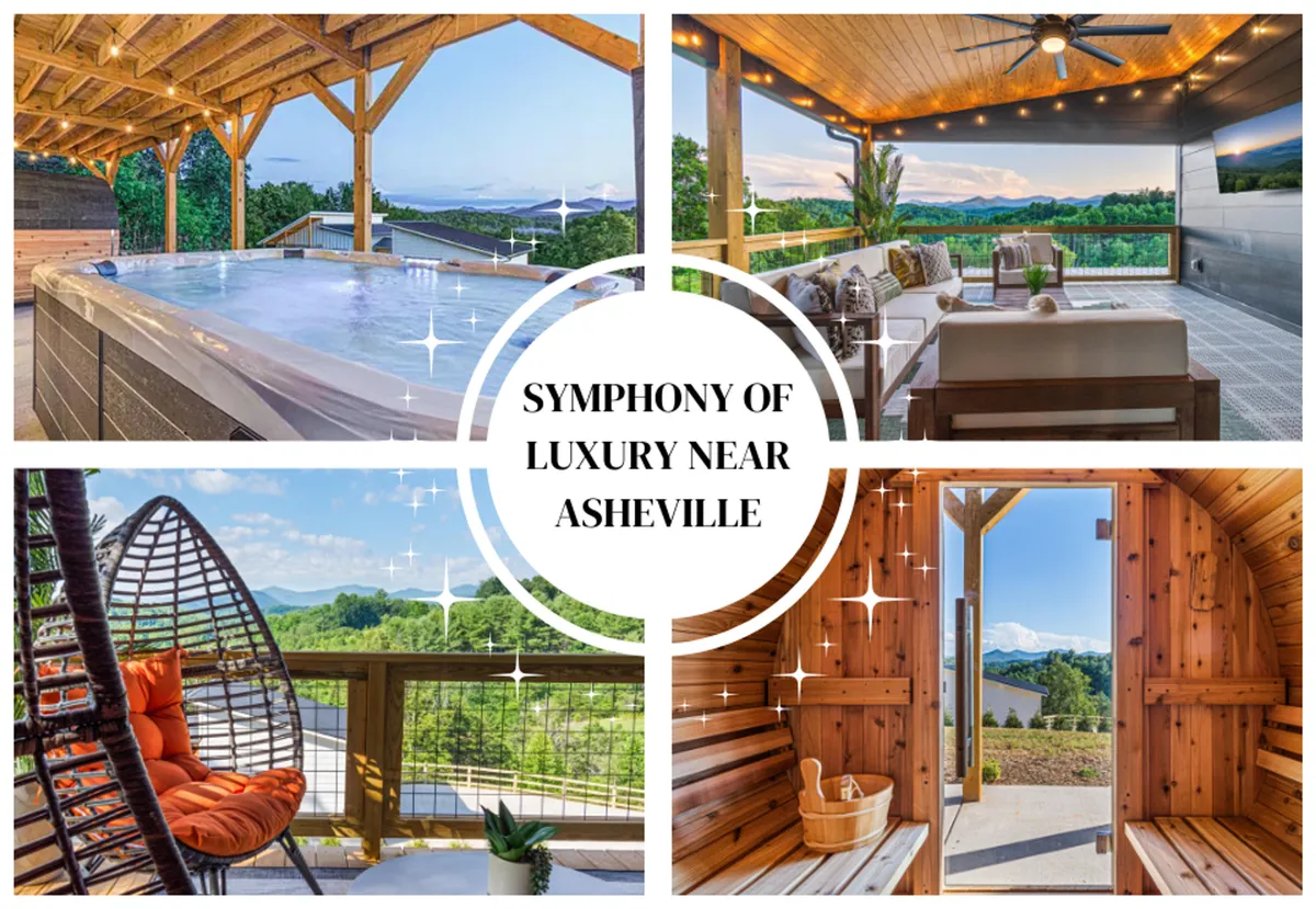 This exterior image showcases an expansive deck equipped with a hot tub, hanging chair, and outdoor seating, all surrounded by stunning mountain views. The adjoining wooden sauna creates a resort-like atmosphere, and the open sky hints at the tranquility of the mountain setting.